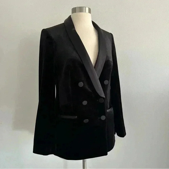 New Express Shawl Satin Collar Double Breasted Tuxedo Velvet Blazer Jacket S - Picture 3 of 10